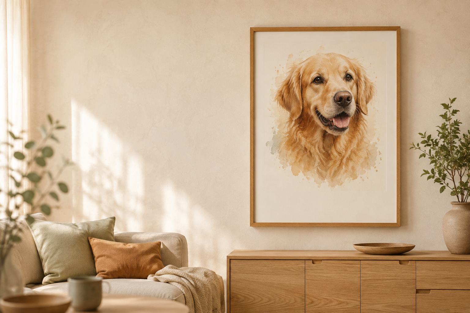 Gerahmtes goldenes Retriever-Portrait in einem warmen Zuhause
